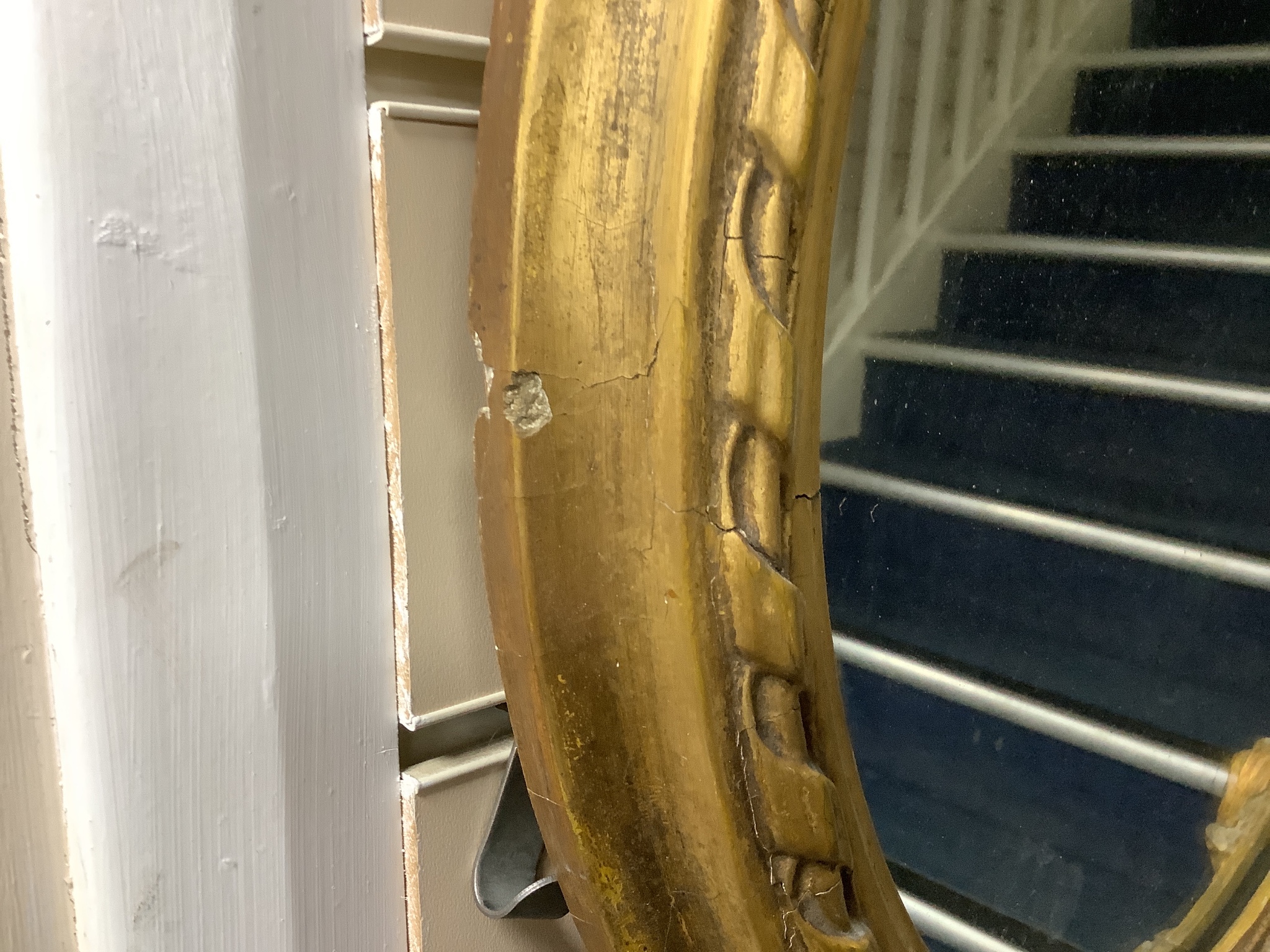A pair of Victorian circular gilt wood and gesso wall mirrors. W-44, H-64cm.